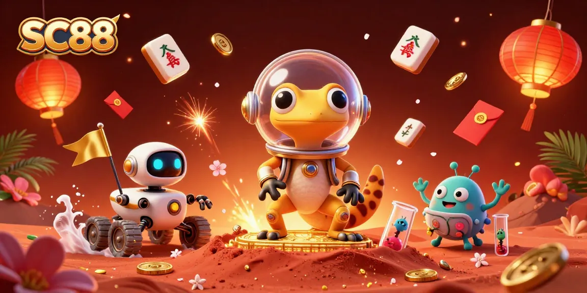 Win big with SC88 at the vibrant casino scene featuring a Martian gecko and hidden treasures.