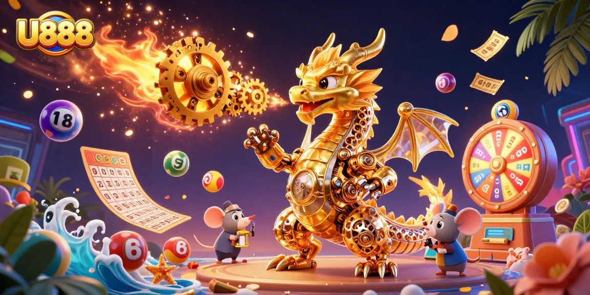 Experience the thrills of U888 with a dynamic 3D illustration of a golden dragon and vibrant lottery balls.
