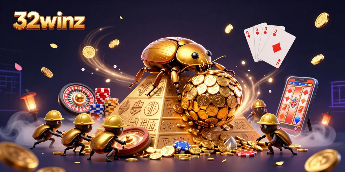 Experience exhilarating fun with 32winz in this vibrant casino-themed 3D illustration.