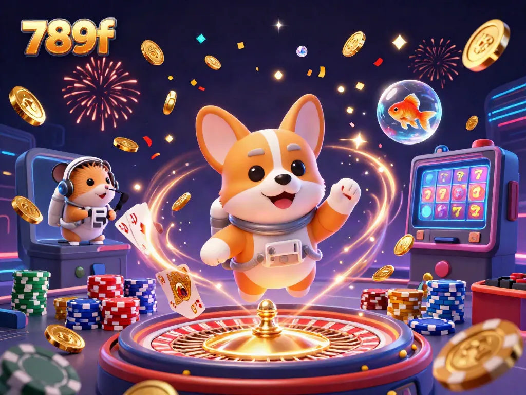 Engaging 3D scene of 789f featuring an astronaut corgi and mission-control hamster in a floating casino.