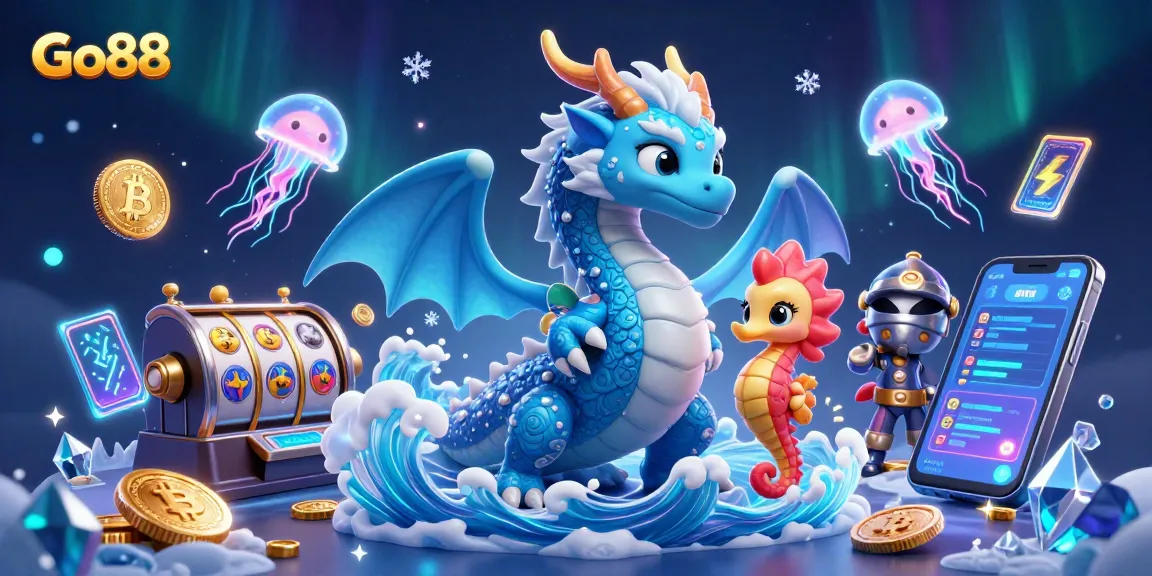 Engage with Go88's vibrant gaming experience showcasing a fantasy battle with slot reels and crypto elements.