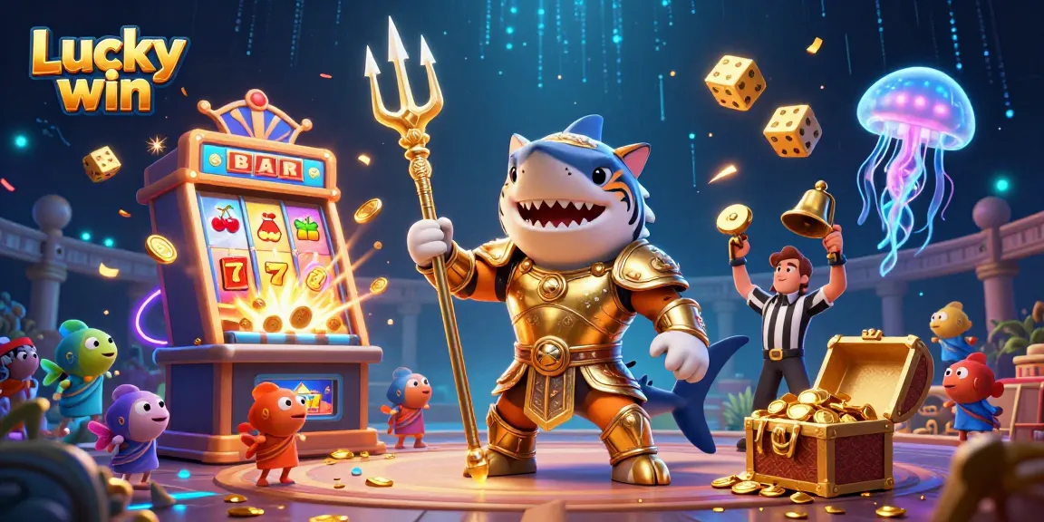 Experience the Lucky win with an energetic scene of a tiger shark and vibrant casino elements.