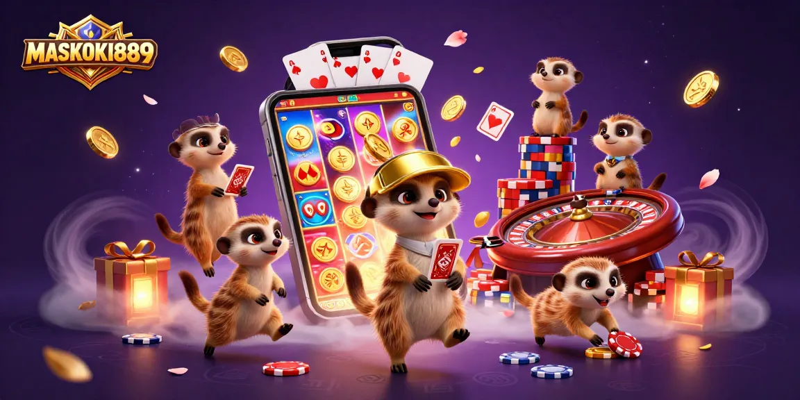 Experience the excitement at MASKOKI889 with meerkats in a vibrant casino scene!