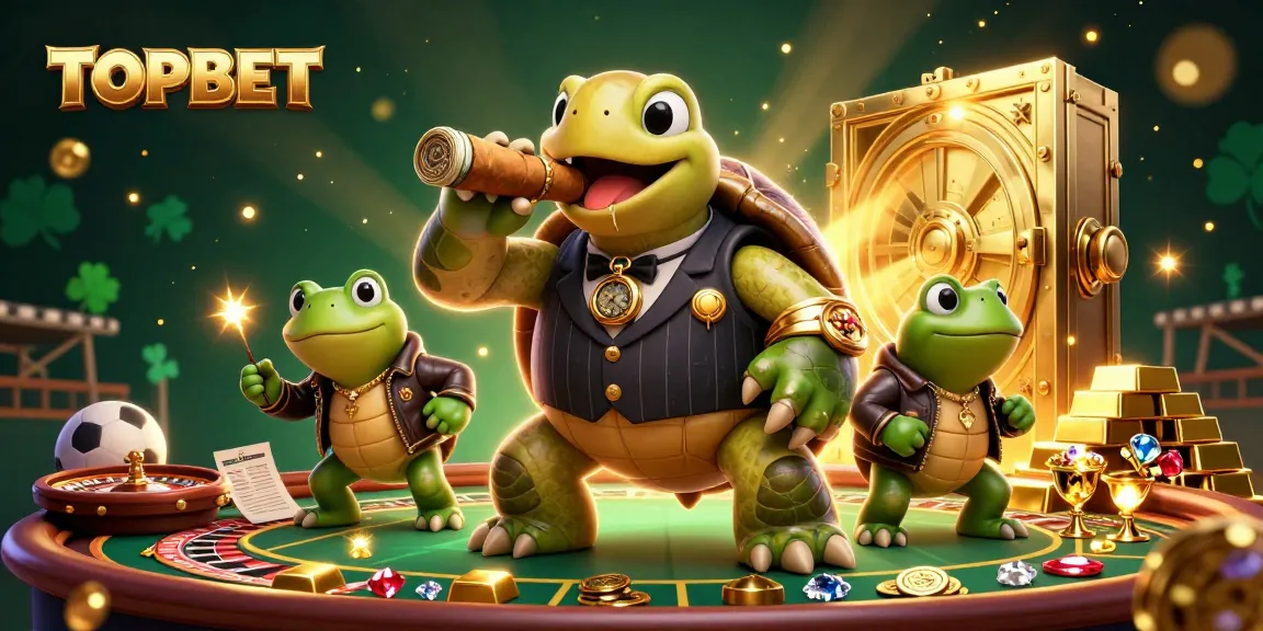Engage with TOPBET as a cartoon turtle and bullfrogs showcase impressive casino elements, sports betting excitement, and vibrant visuals.