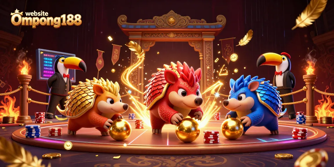Permainan kasino menarik dengan website Ompong188 menampilkan dua pangolin bersaing di arena, dikelilingi chip poker dan simbol keberuntungan.