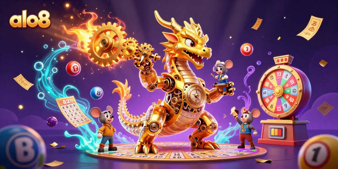 Join the excitement at alo8 with vibrant lottery elements and a golden dragon illustration.