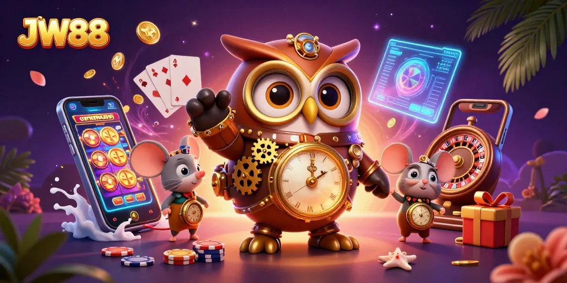 Spin vibrant JW88 slot games with a whimsical time-traveler owl amidst rich casino elements.