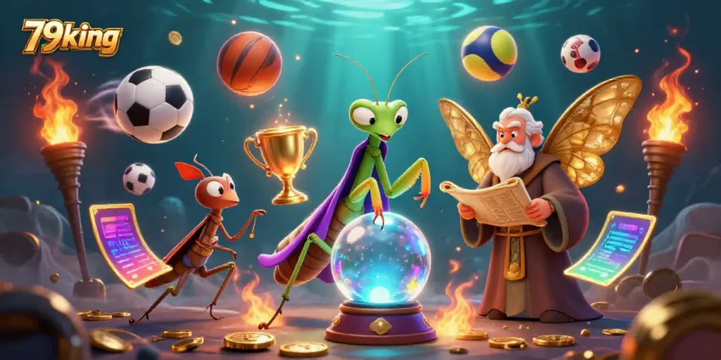 Experience the thrill of 79king with a lively scene featuring a fortune teller, moth librarian, and dynamic sports elements.