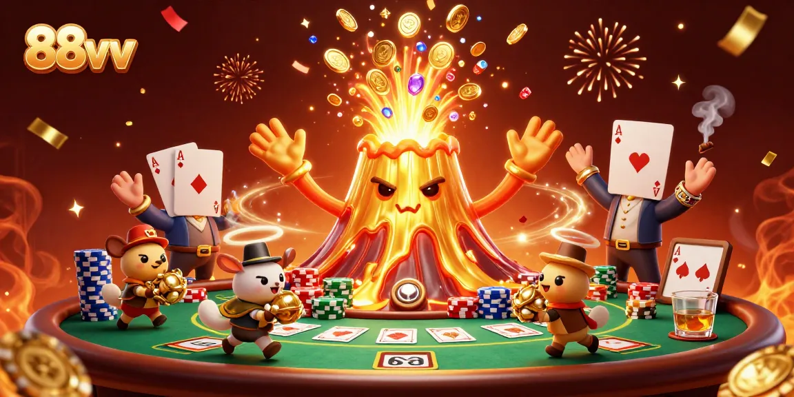 Experience excitement with 88vv as a golden volcano erupts treasure in a vibrant casino scene.