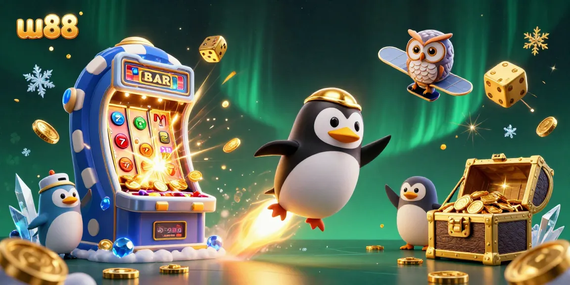 Experience the thrill of uu88 with a golden penguin racing through a vibrant casino space scene, showcasing top game elements.
