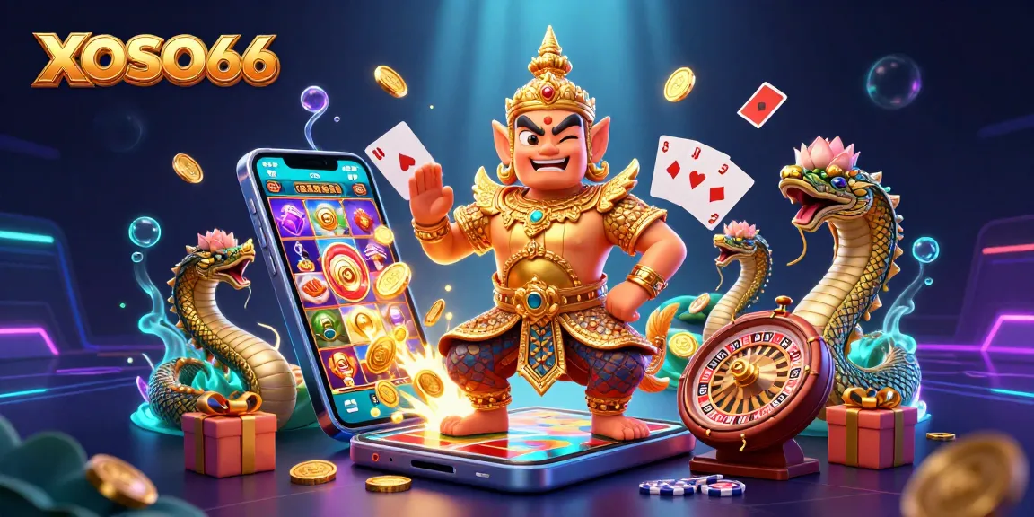 XOSO66 showcases exciting casino gaming with vibrant characters and dynamic visuals in their promotional artwork.