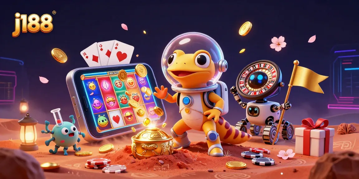 Experience j188 action as a Martian gecko discovers a golden casino in 3D glory, surrounded by dynamic gaming elements.