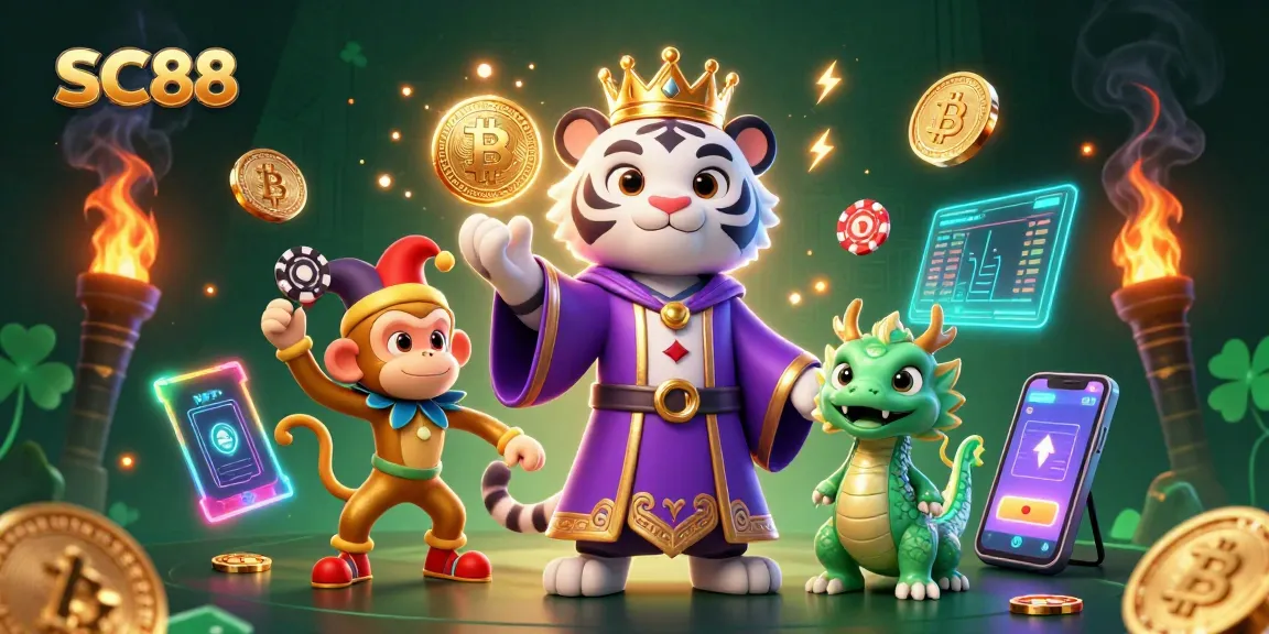 Win big with SC88 at this vibrant casino scene featuring a majestic white tiger and playful monkey.