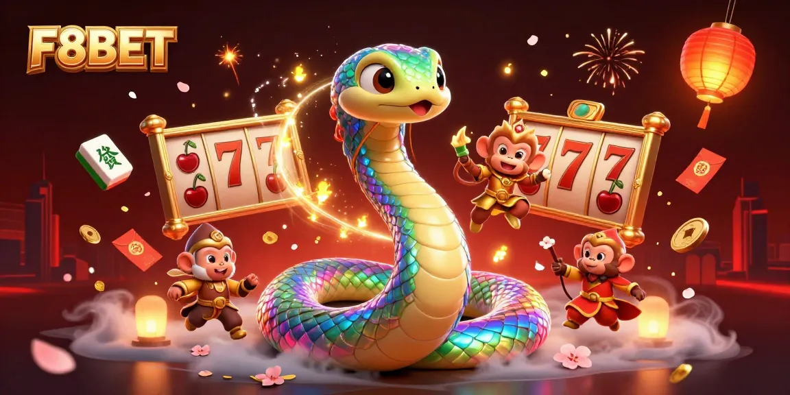 Engage with F8BET's thrilling gaming environment featuring vibrant slot elements and dynamic characters.