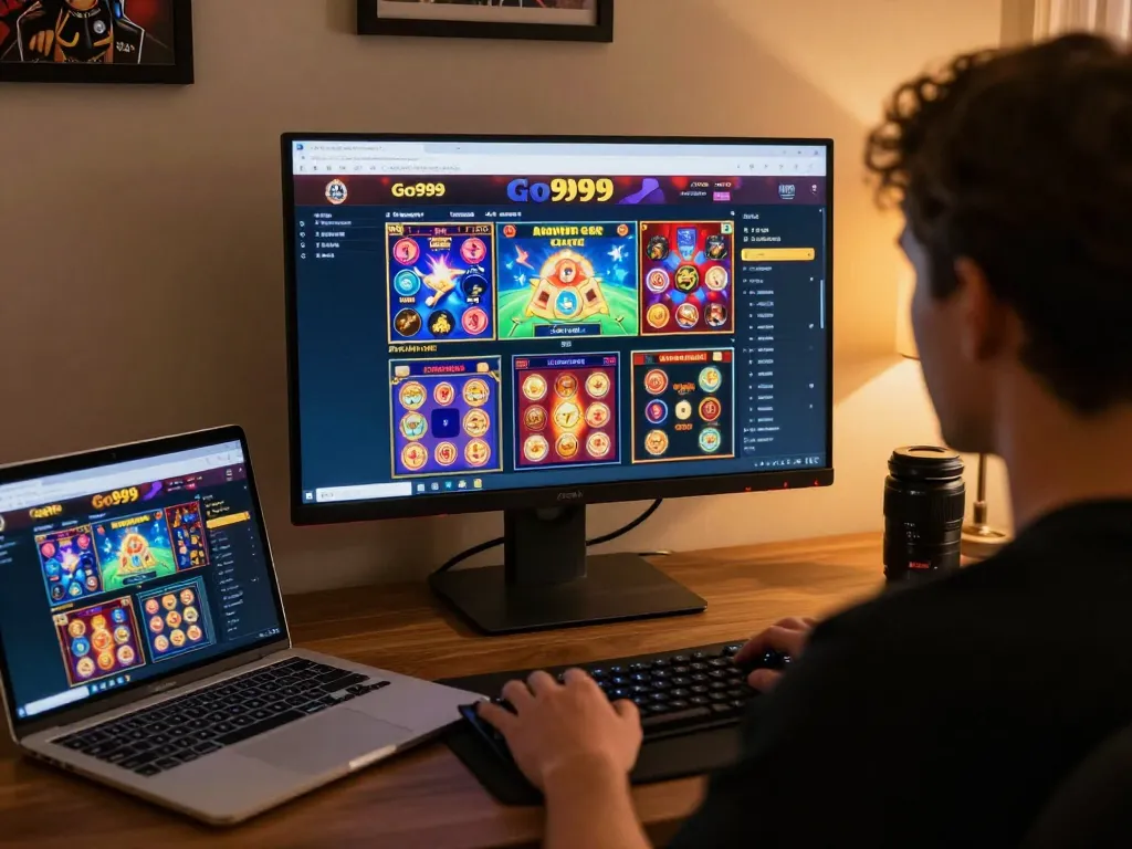 Engaging gaming session on Go999 online casino platform, player captivated by thrilling slots.
