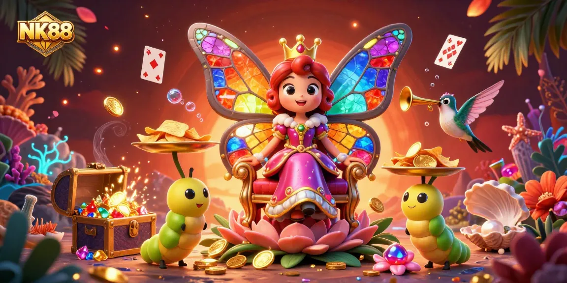 Experience the vibrant casino world of NK88 with a butterfly queen in a rich 3D illustration.