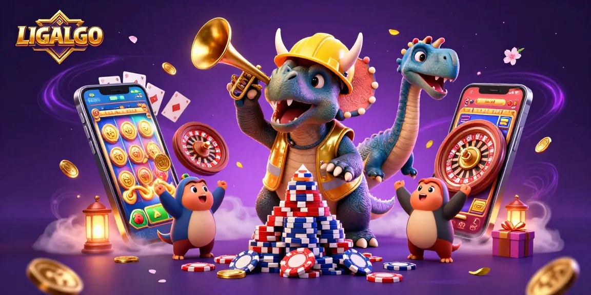 LIGALGO showcases vibrant characters amidst colorful slot games and casino elements in a lively casino scene.
