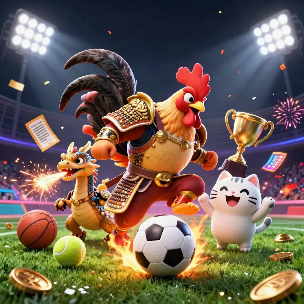 Rooster warrior, dragon hatchling and fortune-cat amid flying balls, gold and sparks at stadium lights
