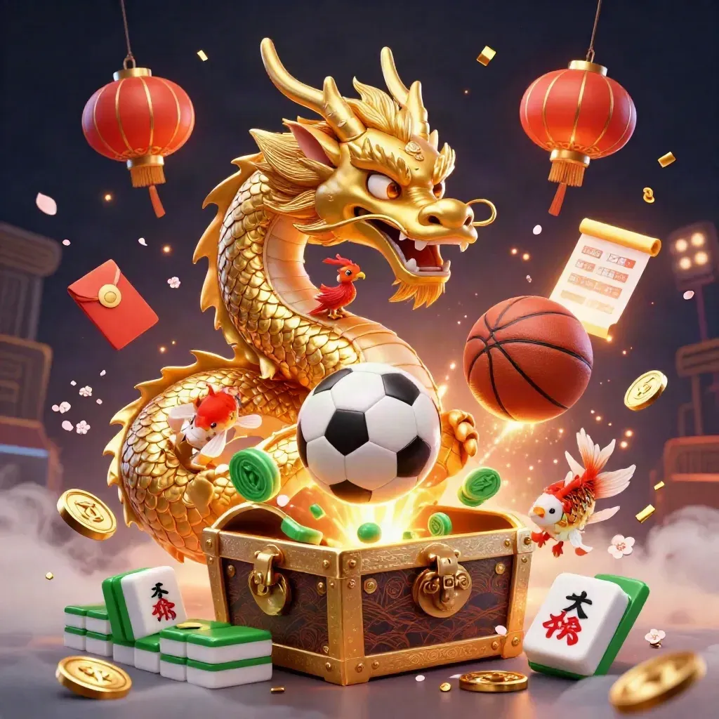 Golden dragon with phoenix, koi, balls, lanterns and betting icons in a dramatic casino splash.
