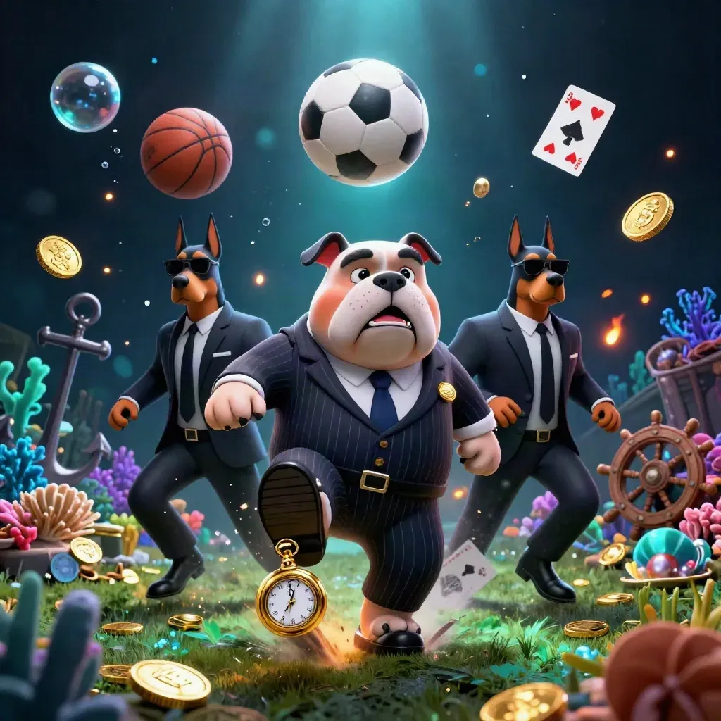 Bulldog boss, two Dobermans, flying ball, gold coins and coral in a casino-soccer fantasy.