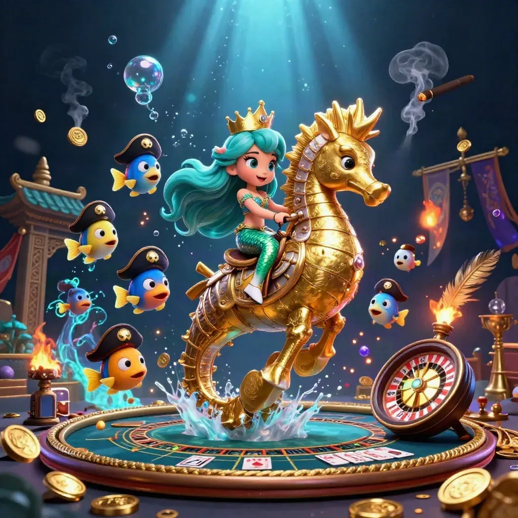 Mermaid princess on golden seahorse in a luxe fantasy casino with fish, coins, temple gate, and glowing effects