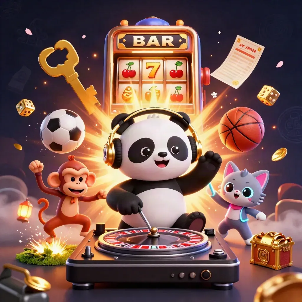 DJ panda, monkey, and glow kitten amid casino bursts, balls, gold rays, and ember glow.