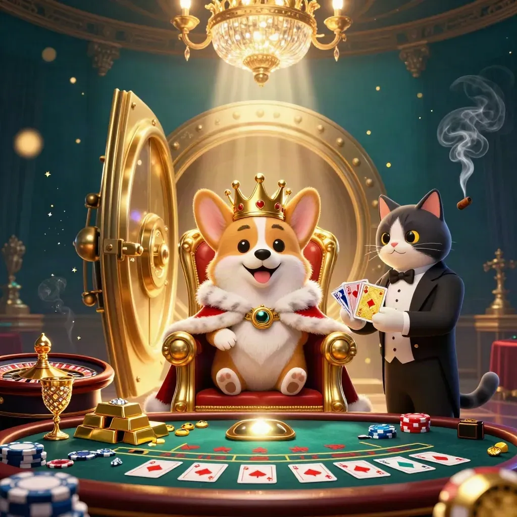 Royal corgi and cat butler in a jewel-lit casino vault with gold, gems, and spinning roulette.