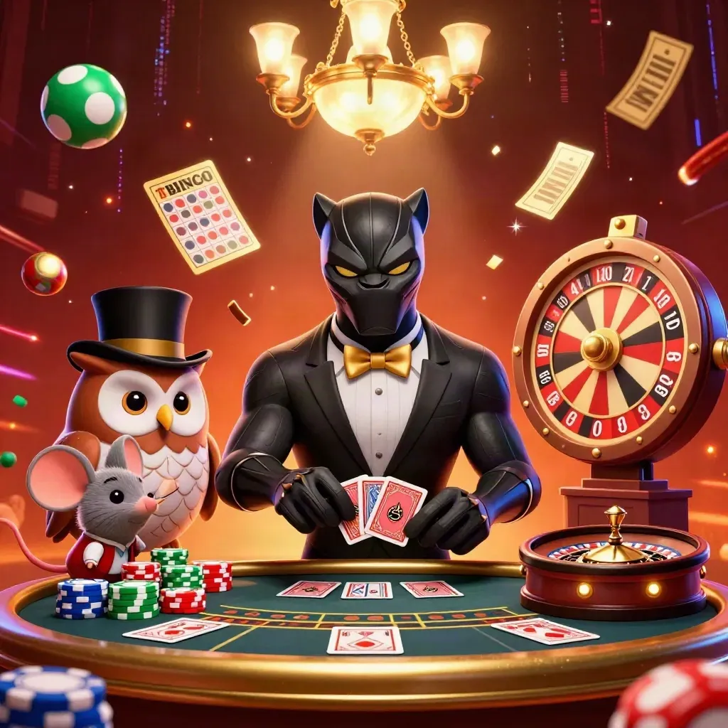 Panther, owl, and mouse in a luxe casino room with brass glow, ember smoke, and spinning game props.