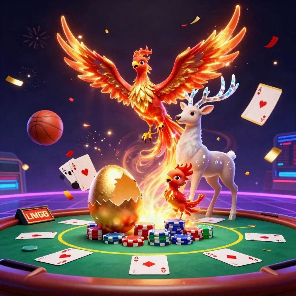 Phoenix, stag and poker burst over a neon casino table with chips, cards and glowing effects.
