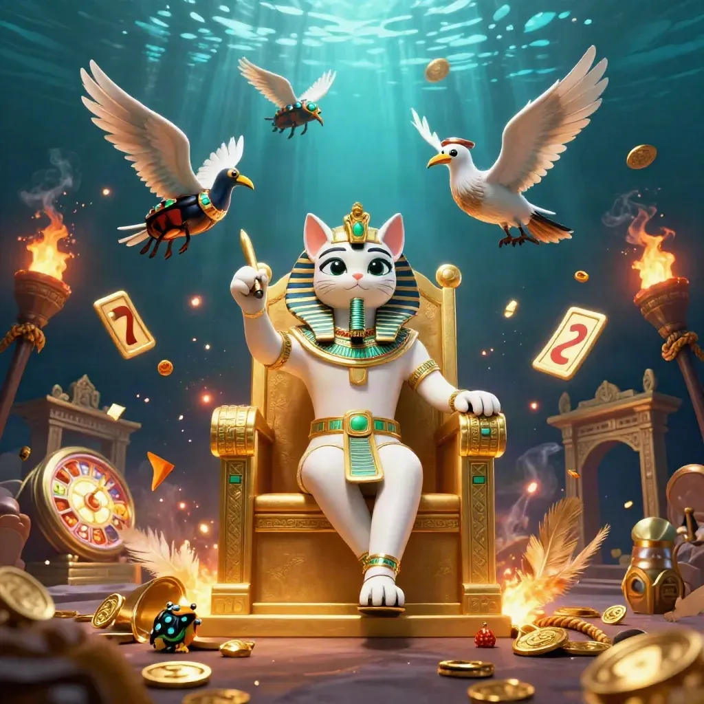 Pharaoh cat on a gold throne with ibis scribe and gem-winged scarabs over an underwater vault.