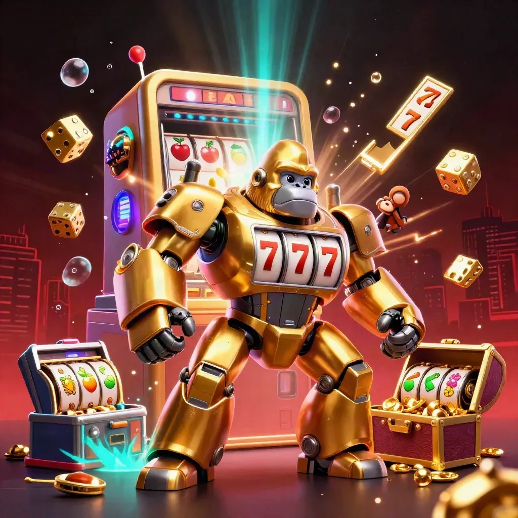 Golden gorilla slot mech with monkey pilot, jackpot burst, gold, dice, and glowing casino effects