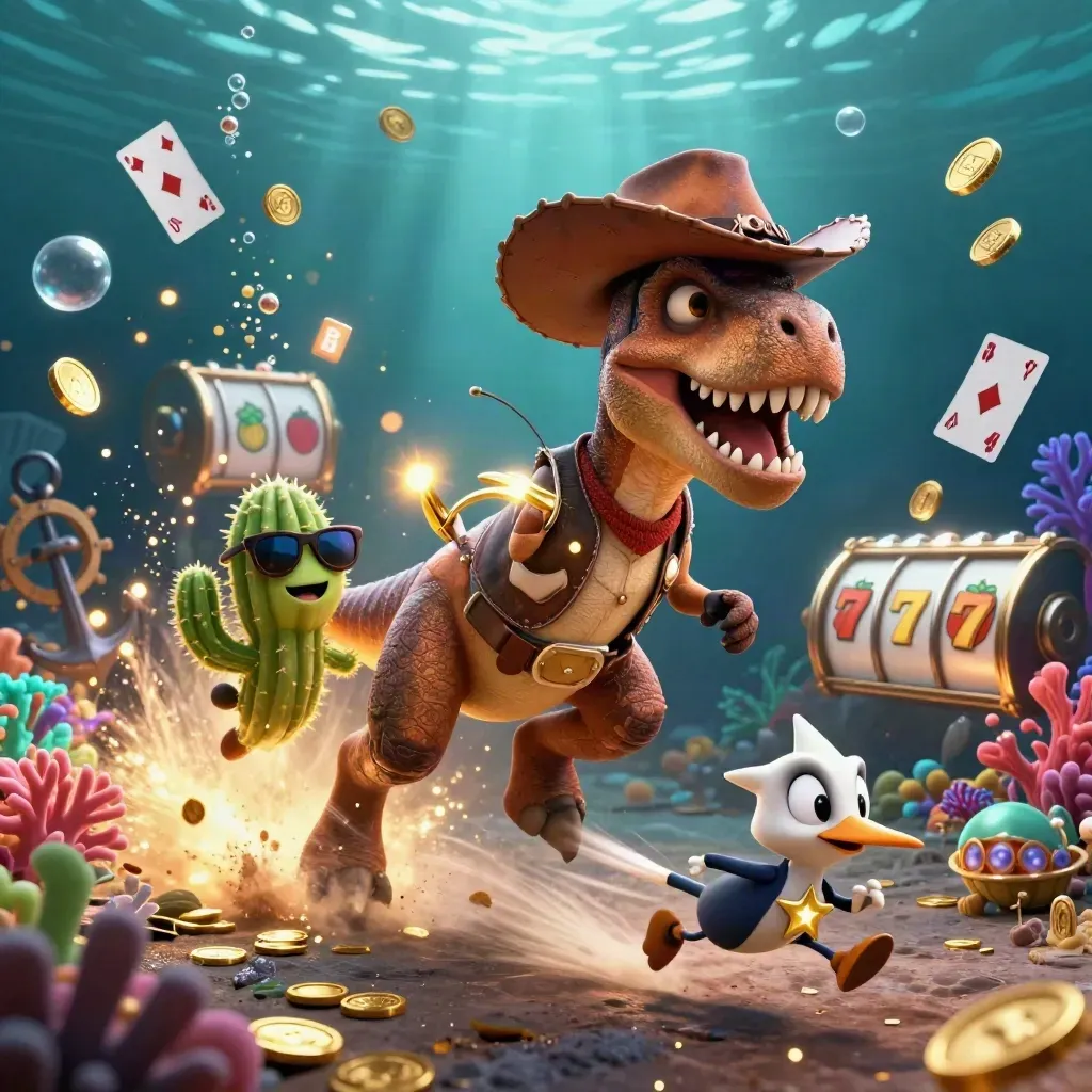 Cowboy T-rex, cactus and roadrunner in a gold-lit underwater treasure burst.