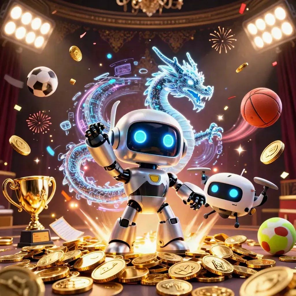 Cyberpunk robot, holographic dragon, coin drone amid gold coins, sports balls and fireworks.