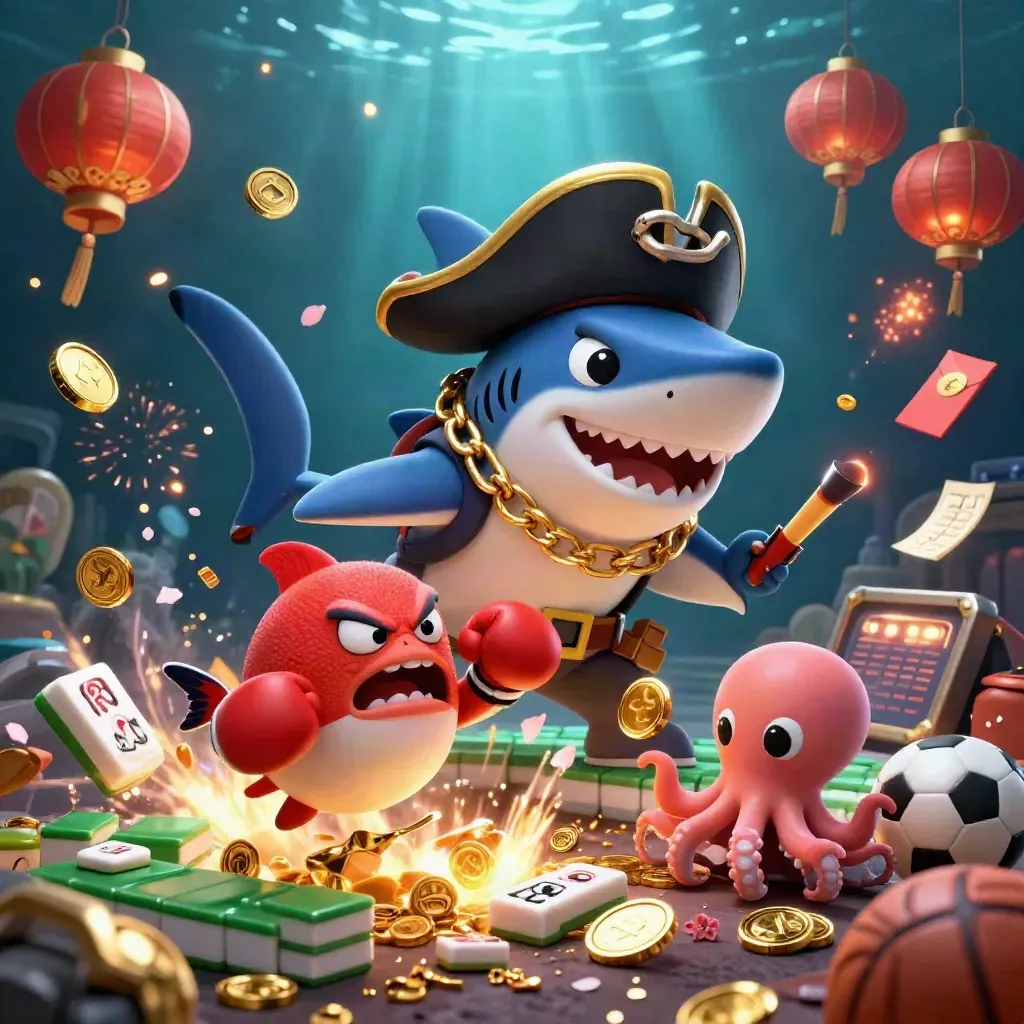 Pirate shark, boxing pufferfish and octopus amid gold coins, lanterns, fireworks and loot
