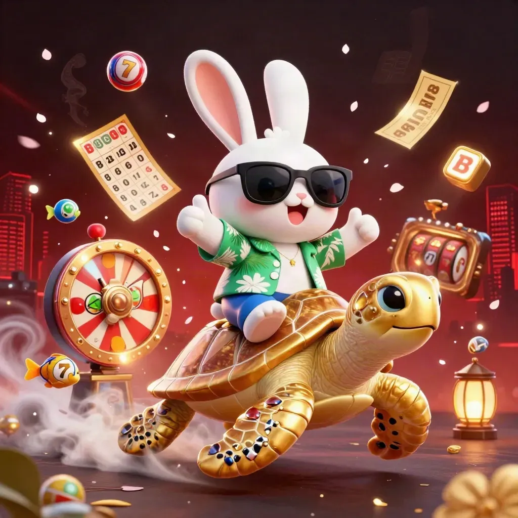 Lucky rabbit rides a gold turtle amid casino symbols, glowing red skyline, petals, and gold light.