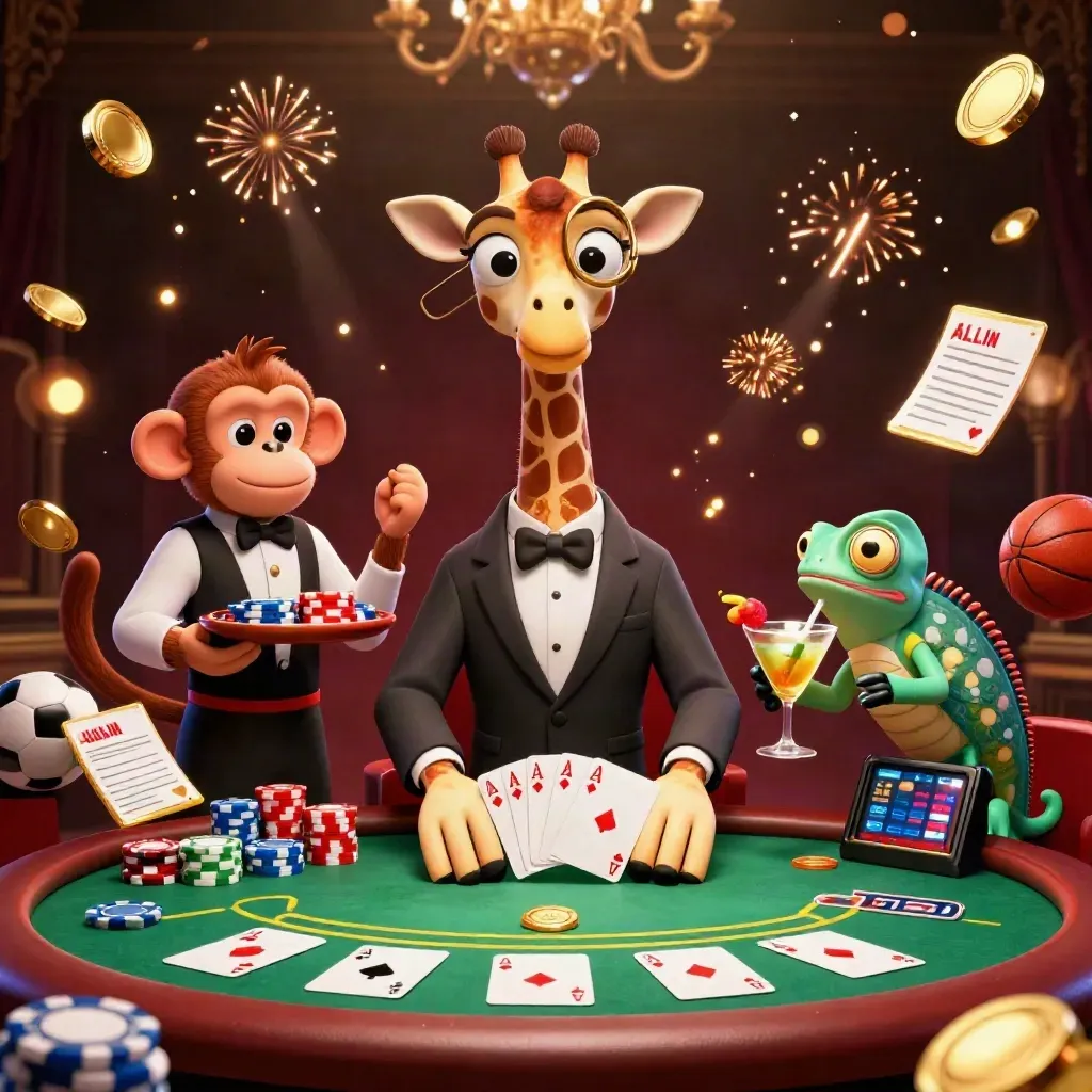 Giraffe, monkey, and chameleon celebrate at a casino table amid gold coins and fireworks.