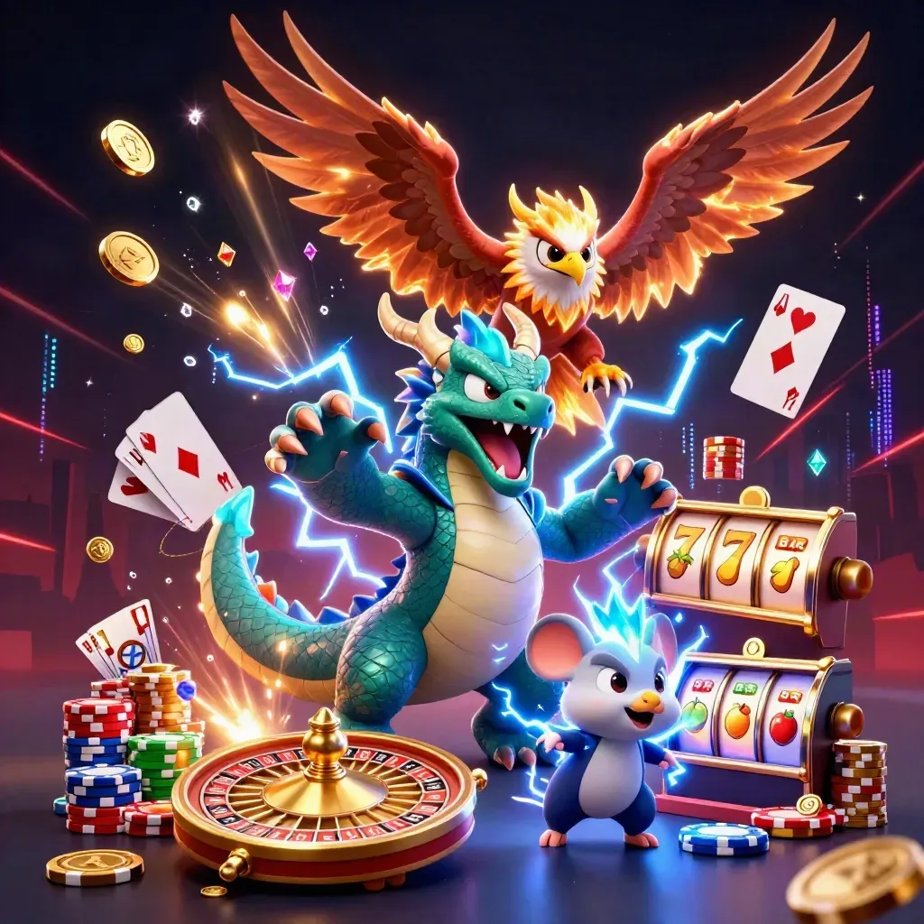 Thunder dragon, wind hawk, and static mouse surrounded by casino reels, coins, chips, and lightning