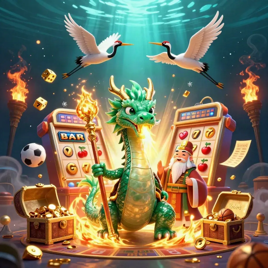 Dragon, turtle sage, and cranes amid bursting slots, gold, sports props, and fireworks under blue rays.