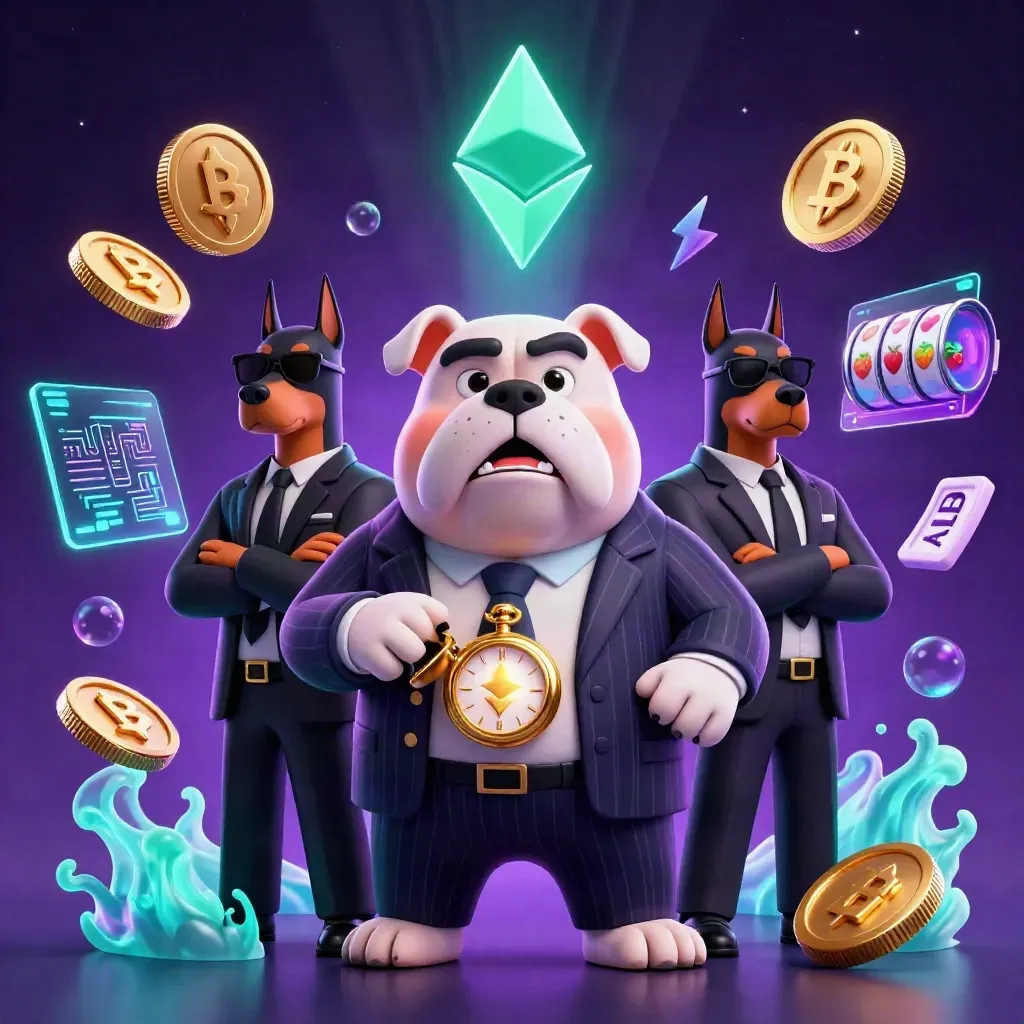 Mafia bulldog with two dobermans amid glowing casino coins, reels, charts, and electric effects.