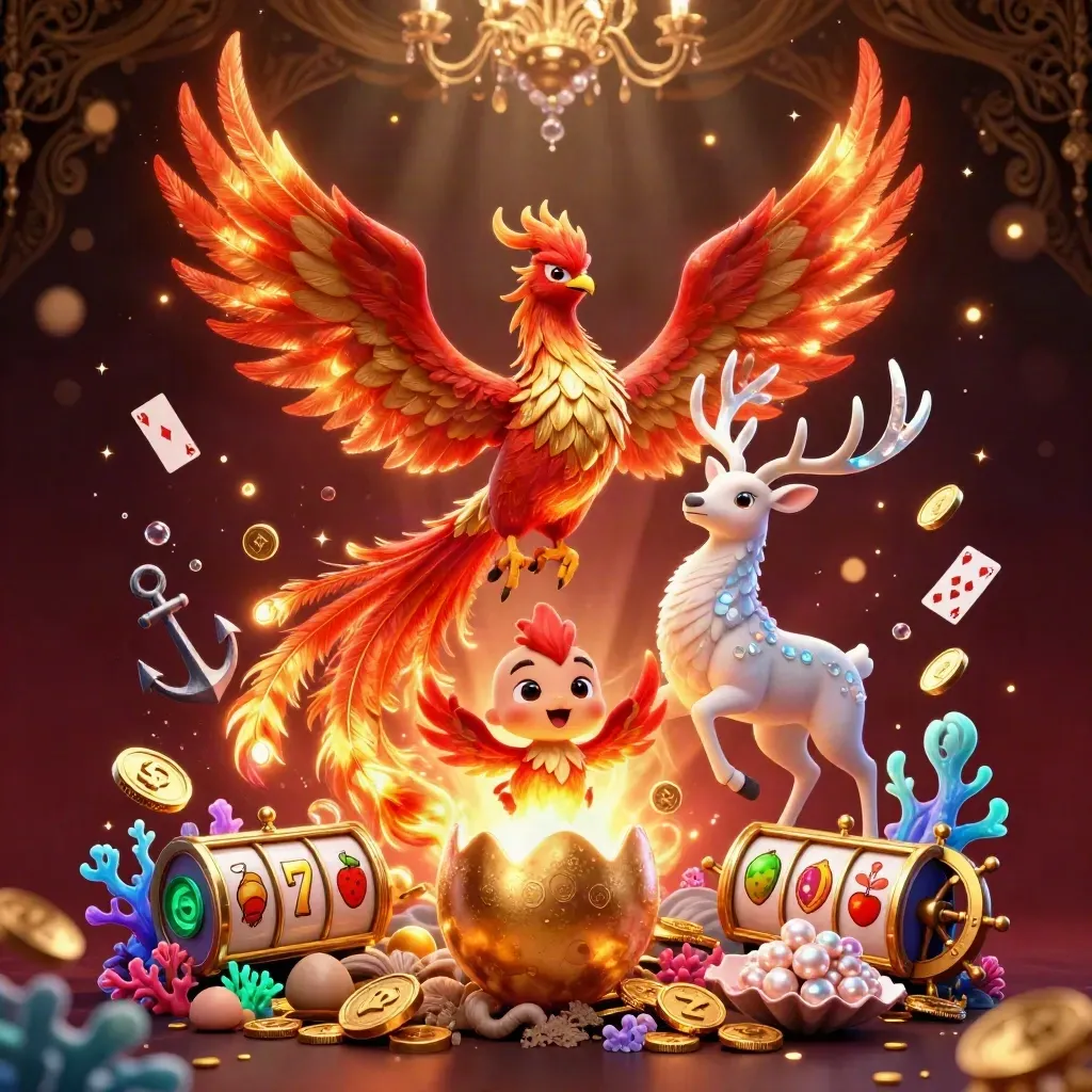Fire phoenix, baby phoenix, and crystal stag amid treasure-cove casino effects