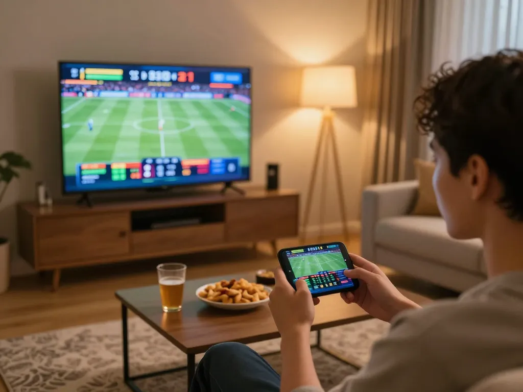 VT88 live sports betting on a smartphone with excitement in a cozy living room atmosphere.
