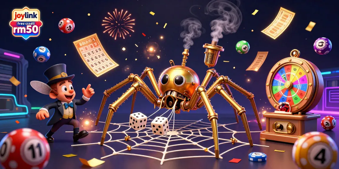 Engage with joylink free credit rm50 amidst a vibrant, dynamic 3D casino illustration of a steampunk spider and a playful gentleman.