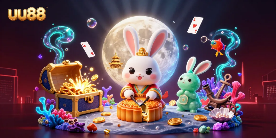 Engage with uu88's vibrant casino scene featuring a moon rabbit and treasures.