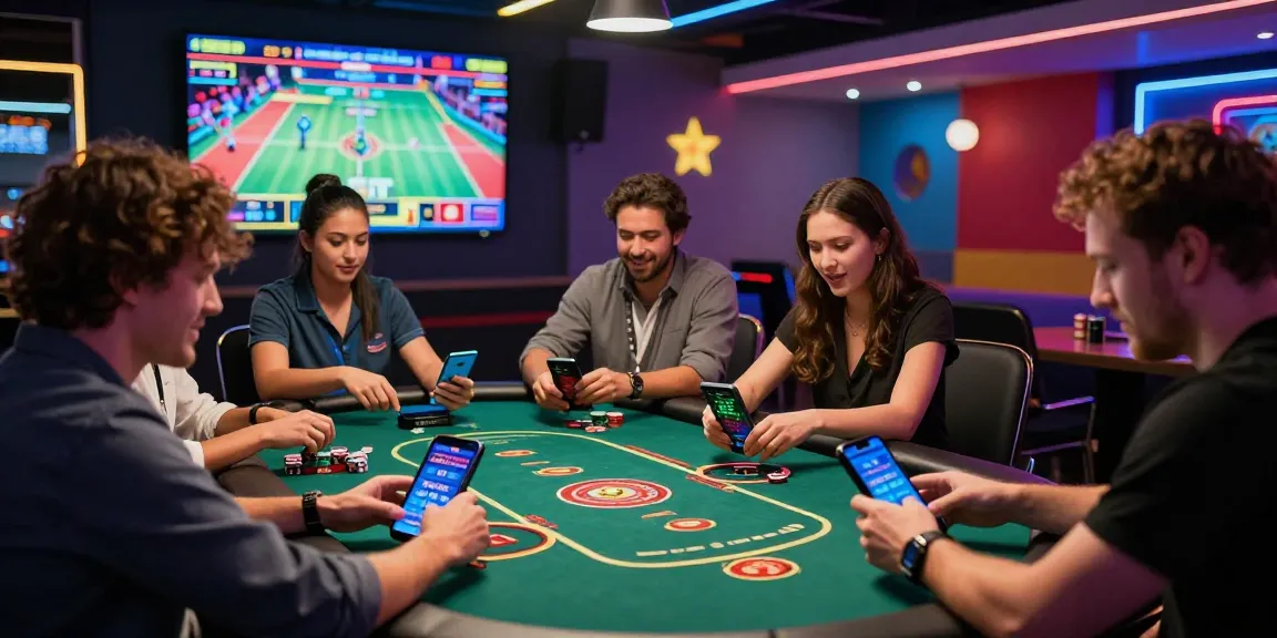 Engaging scene at mastercard credit card casinos with players enjoying vibrant games in a modern lounge, showcasing the excitement of online gambling.