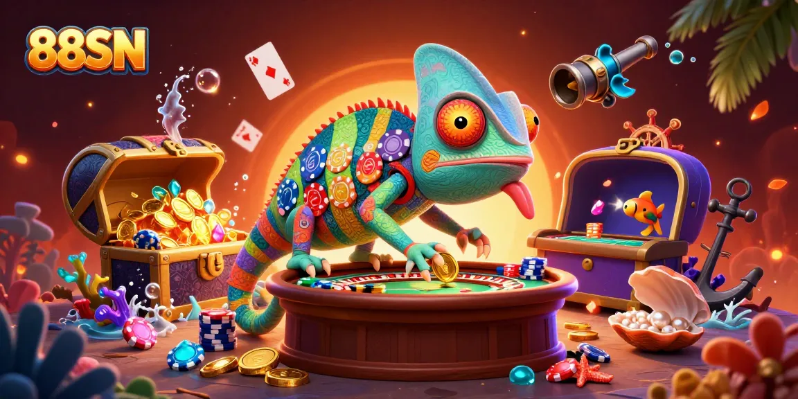 Experience thrilling casino action at 88SN with a vibrant chameleon owner, coins, and games!