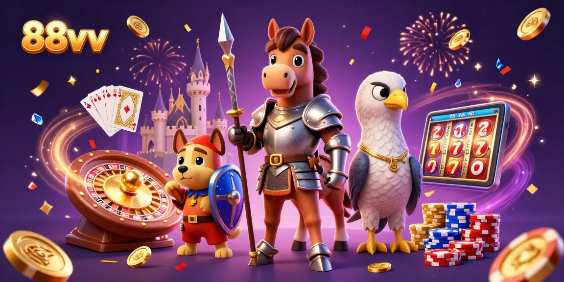 Engage with 88vv's vibrant medieval casino scene showcasing a knight and treasures.