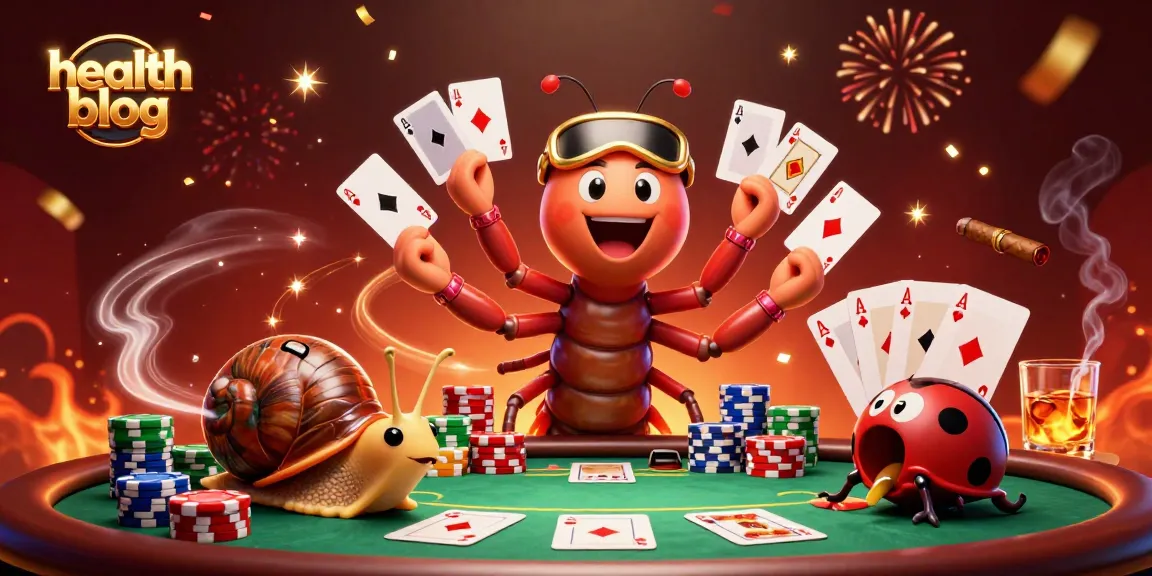 Engaging health blog illustration featuring a millipede dealer and snail high-roller in a vibrant casino scene.