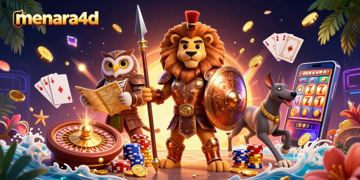 Menara4d menampilkan ilustrasi kasino 3D dengan karakter kartun beraksi dan elemen permainan.