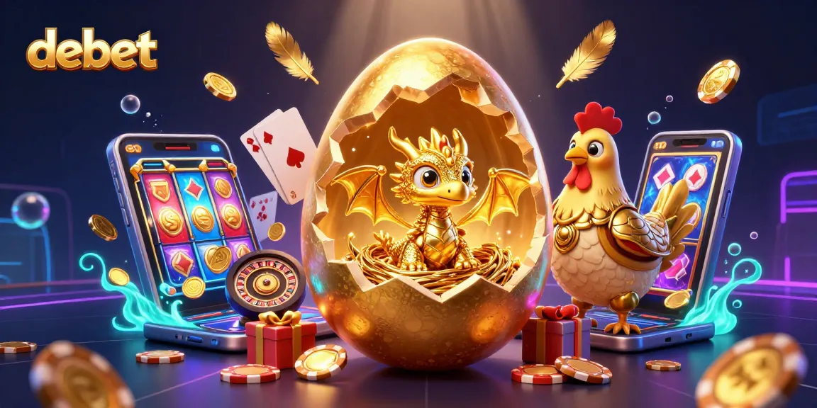 Engage with debet's thrilling gaming experience featuring a golden dragon, poker chips, and vibrant slot elements.