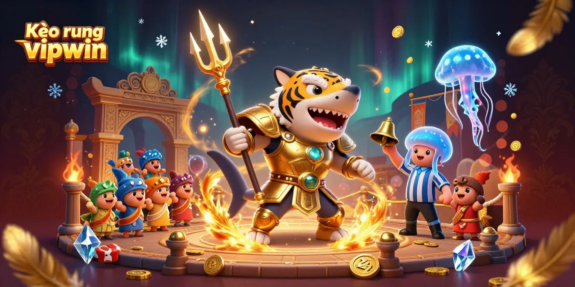 Kèo rung vipwin showcases a fierce tiger shark in gladiator armor amidst an underwater arena filled with gold coins and cheering fish.
